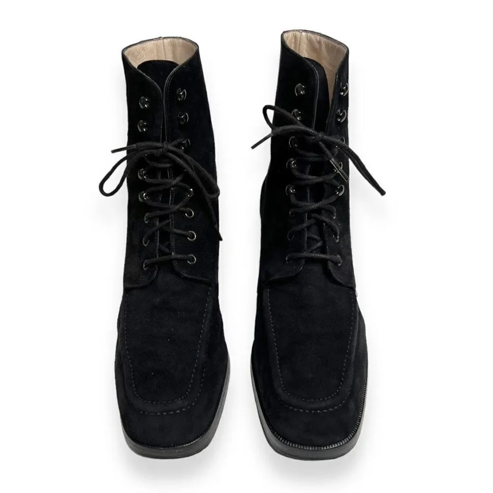 Chanel Classic CC Logo Lace Up Combat Black Suede Leather Boots Size 37